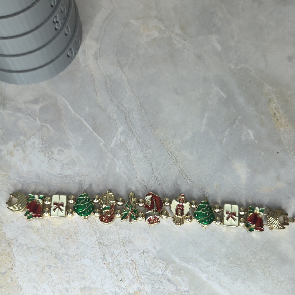 Christmas Enamel Charm Slide Bracelet Tofa sold at Ruby Lane 6.5